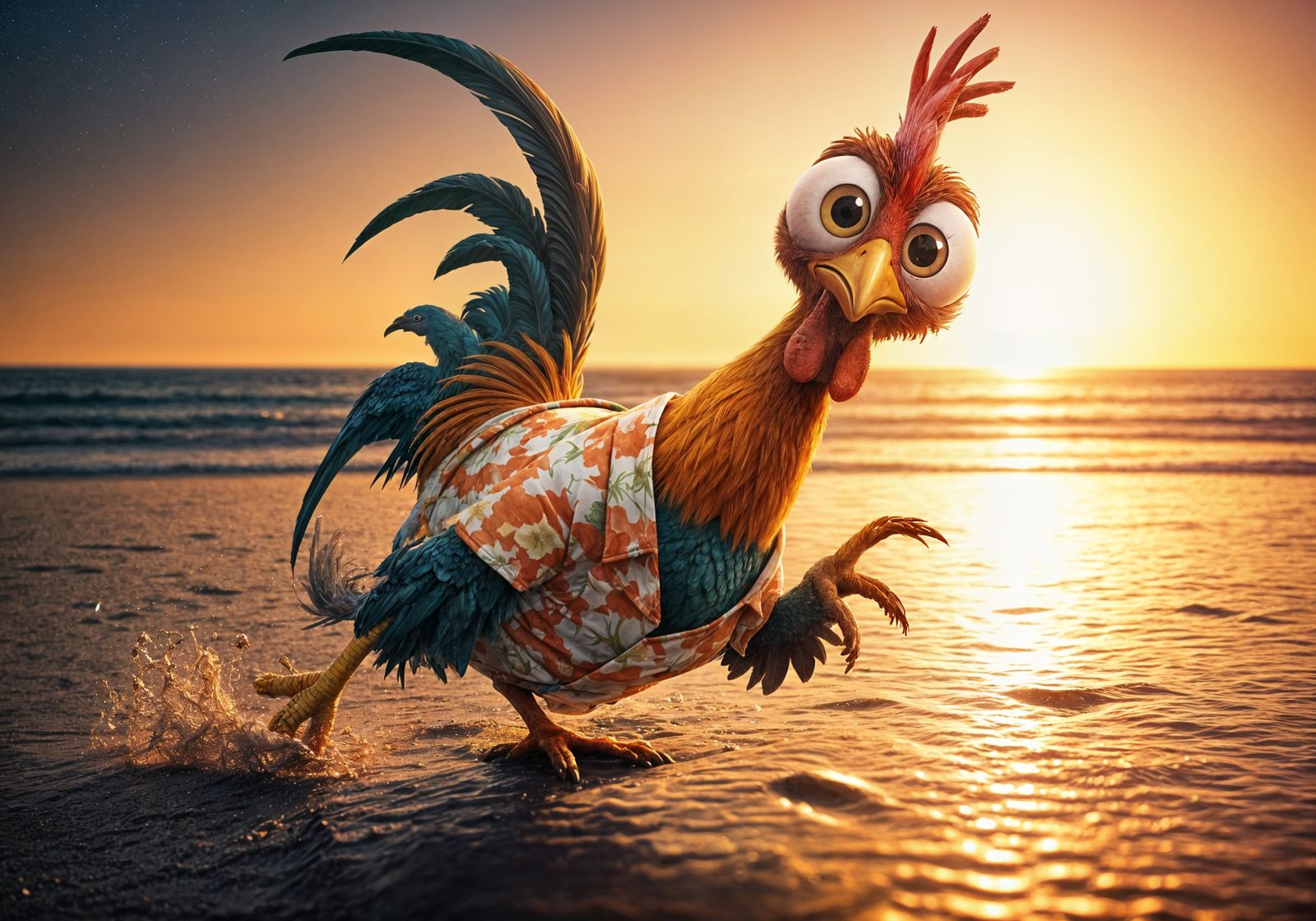 Humorous Rooster's Beach Mishap in Pixar Style