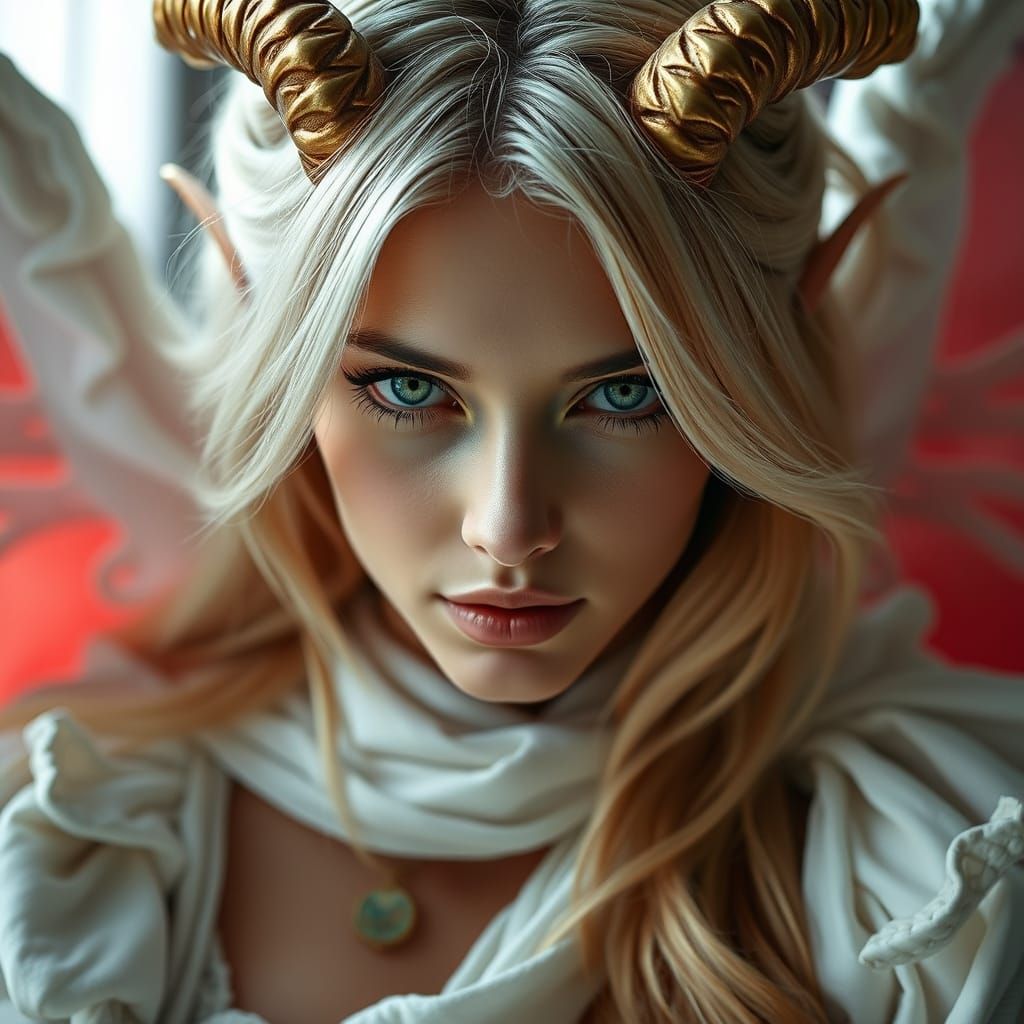 Gothic Goddess with Horns and Green Eyes