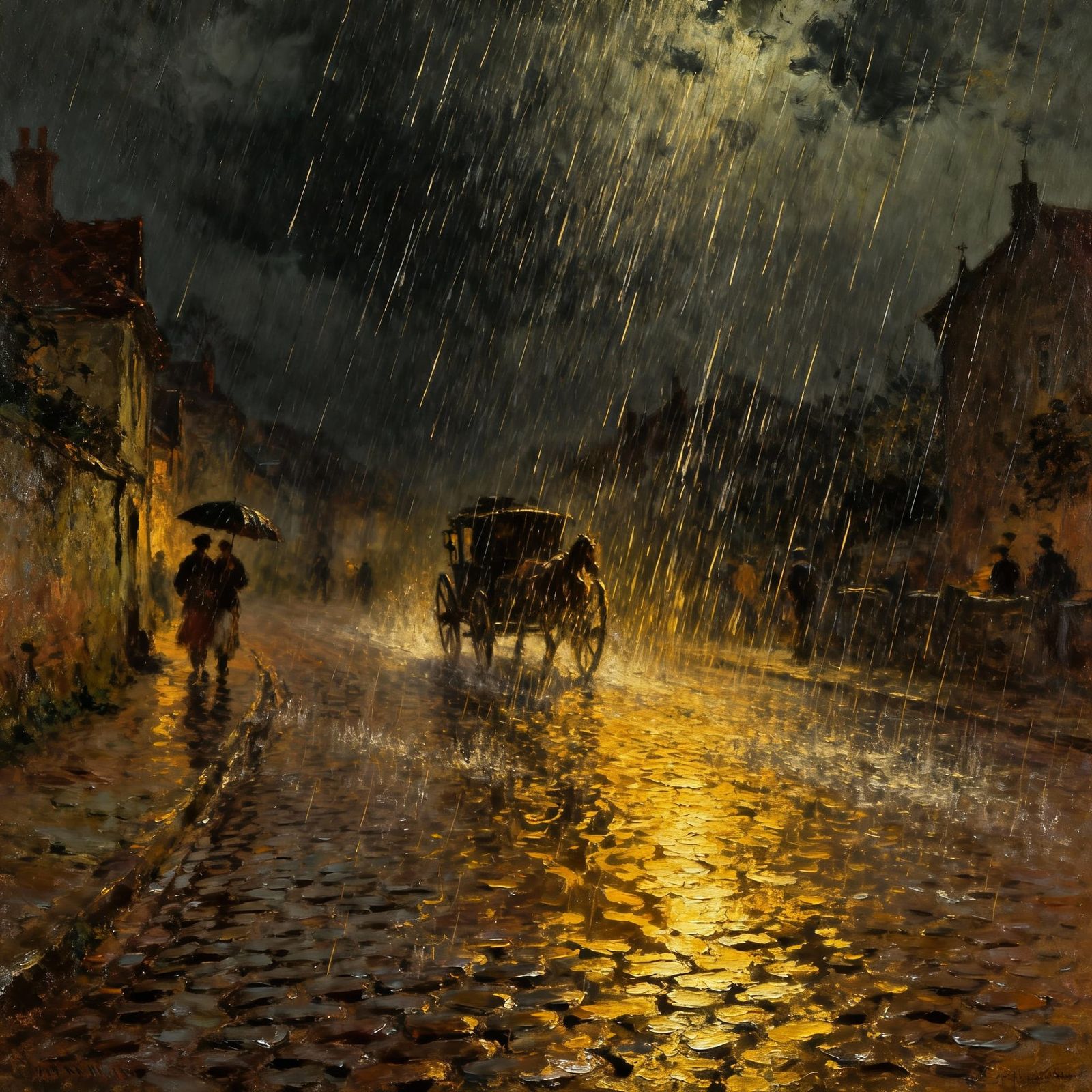 Stormy Village Night in Painterly Style