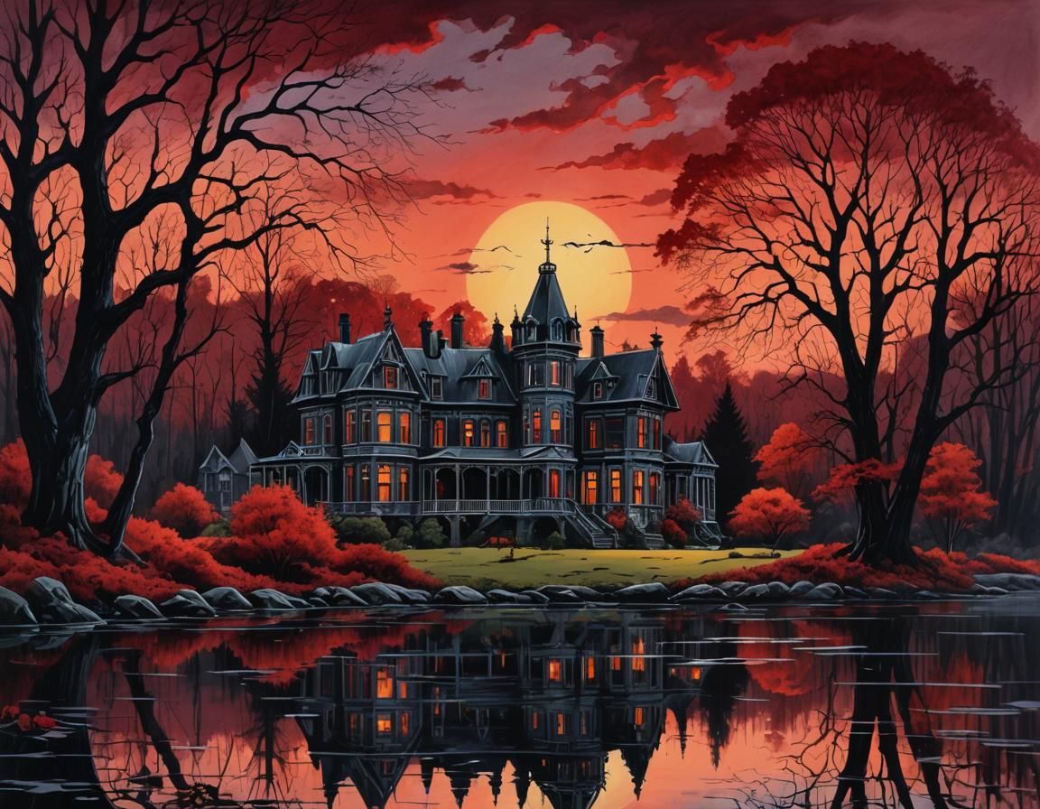 hauntingly eerie victorian mansion by a lake with a red autu...