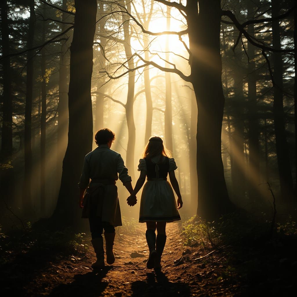 Hansel and Gretel in a Misty Forest