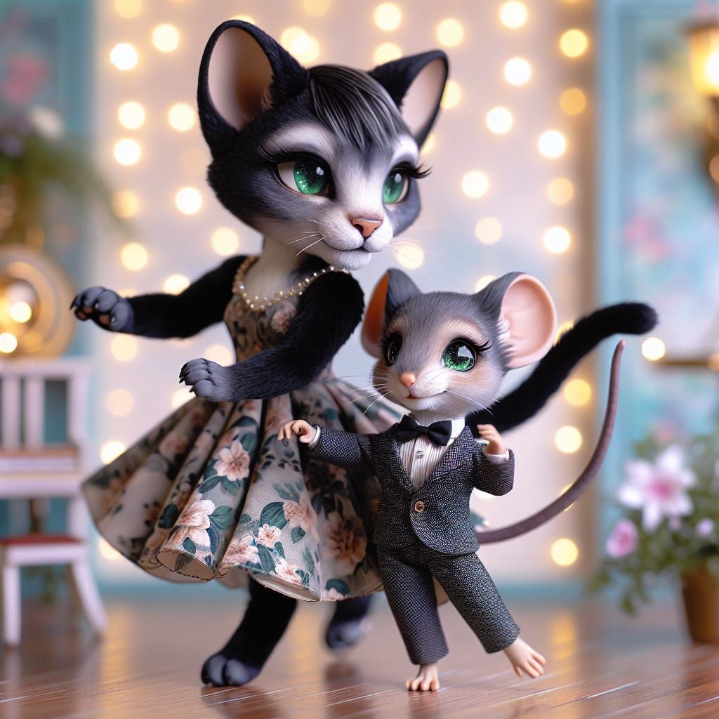 Dancing Cat and Mouse in Enchanted Setting