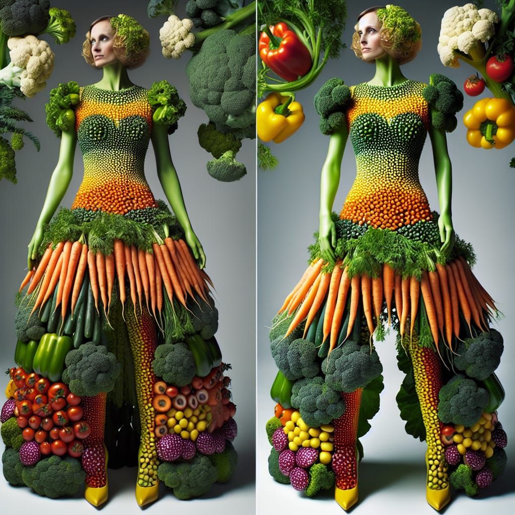 Art by Yayoi Kusama, polka-dot dress made of assorted vegeta...