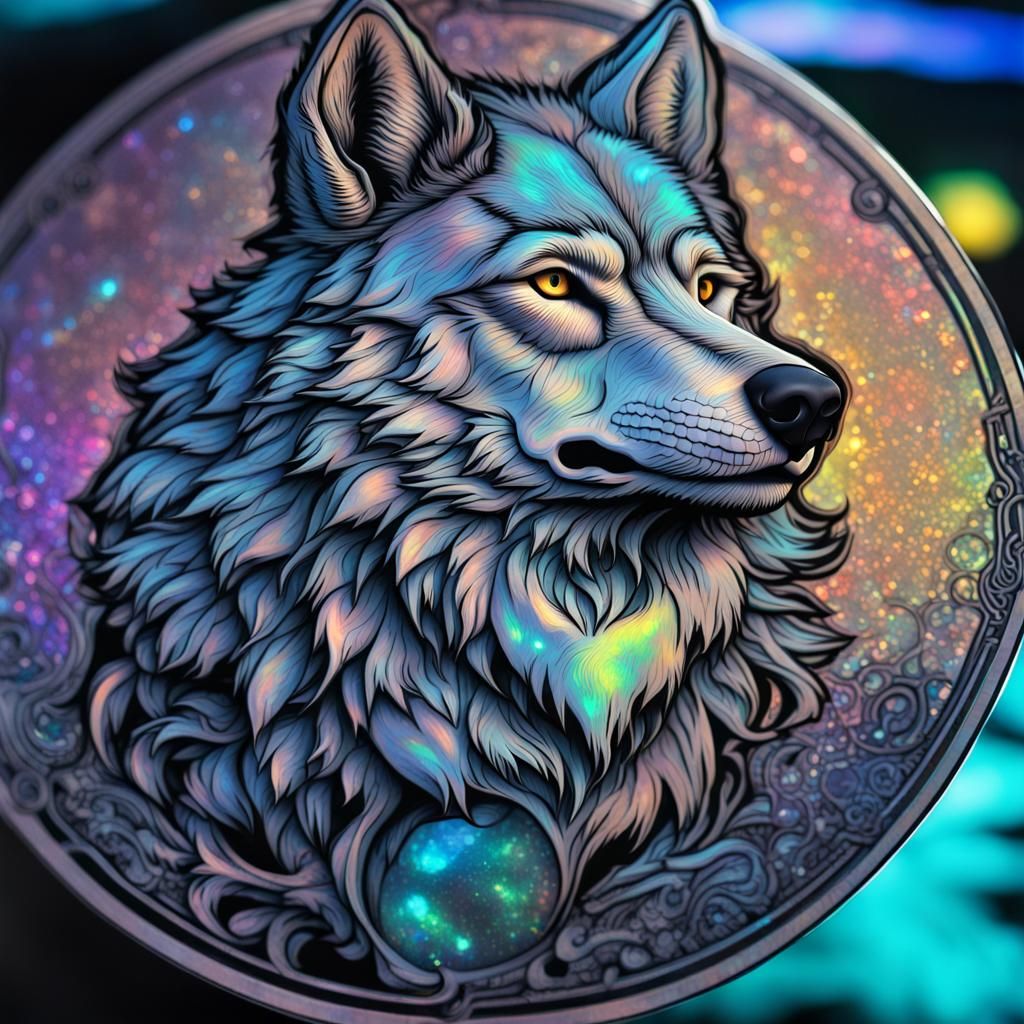 Holographic Wolf Sticker in Hyperrealistic Style
