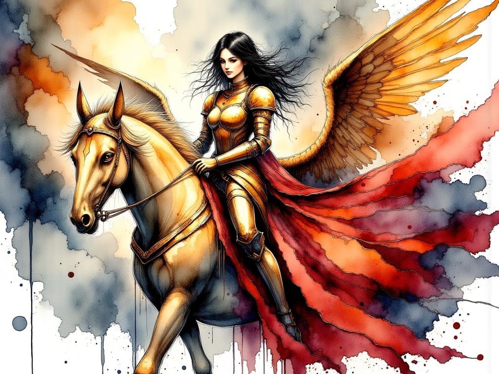 Ethereal Female Knight Rides Divine Griffin