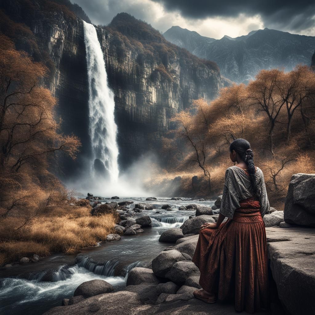 Ancient Woman by Waterfall in Hyperrealistic Style