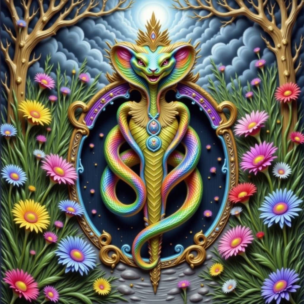 Rainbow King Cobra in Stormy Sci-Fi Baroque Style