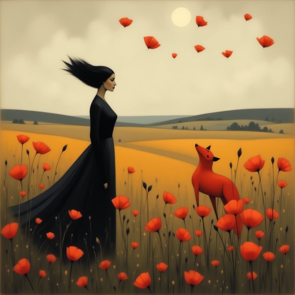 Fox Watching Poppies in the Wind