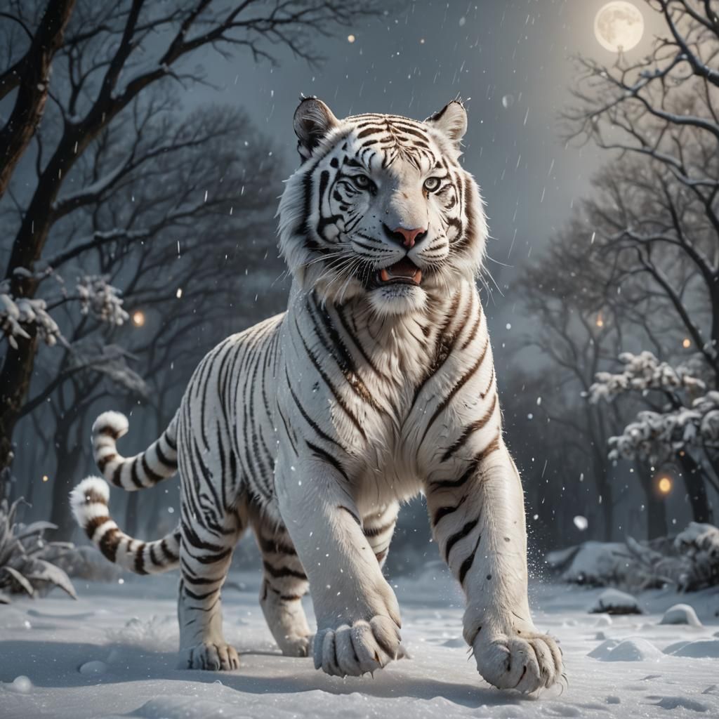 Dancing White Tiger in Snowy Moonlit Scene