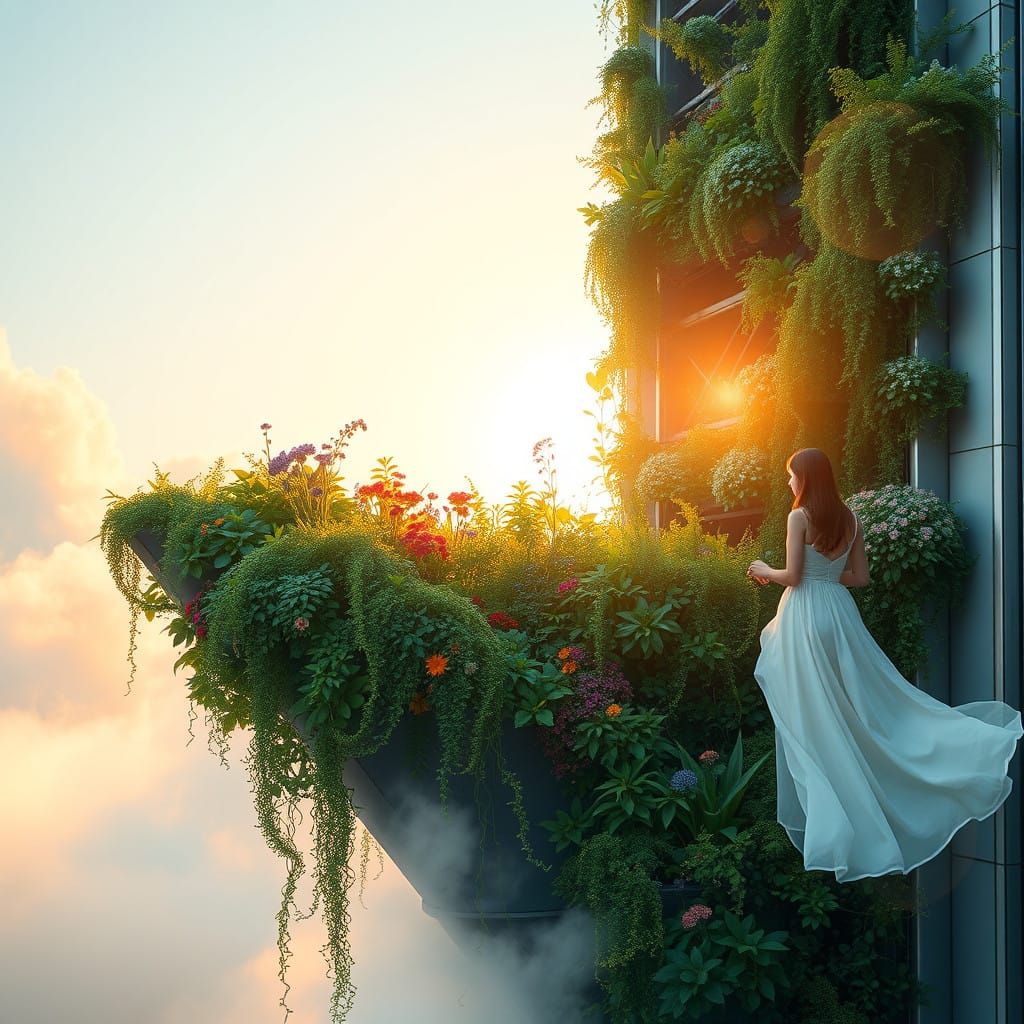 Futuristic Garden Blooms on Skyscraper in Golden Light