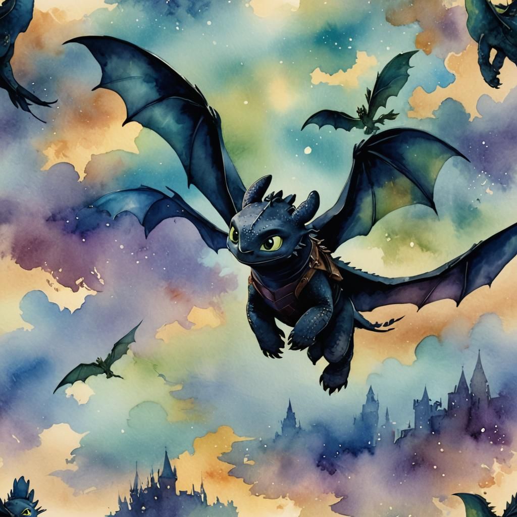 Hiccup and Toothless Soaring: Watercolor Art