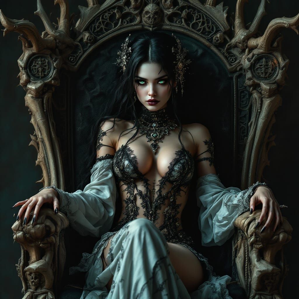 Gothic Gypsy Queen on Bone Throne: Fantasy Art