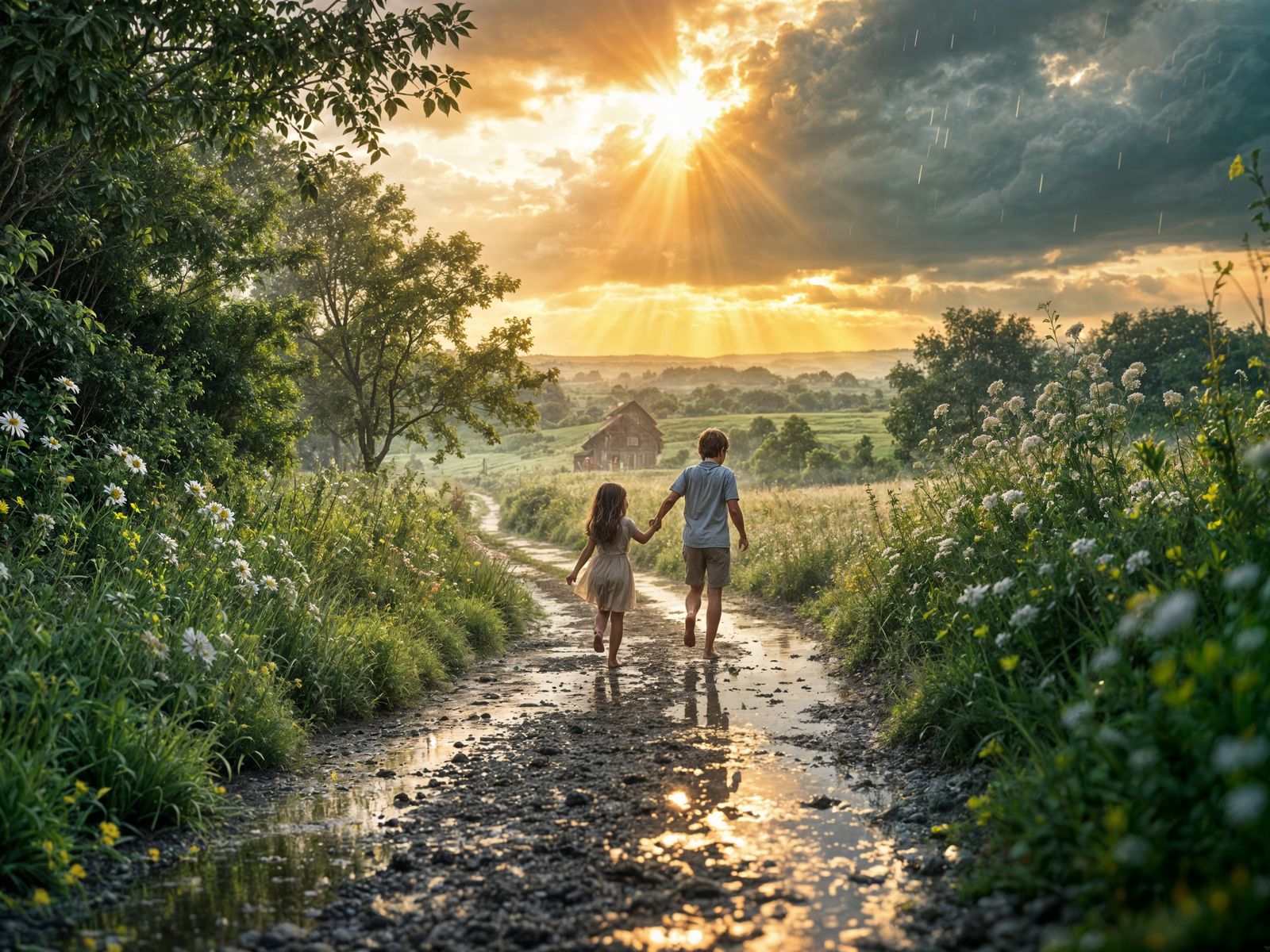 Children Dancing in Summer Rain on Country Path