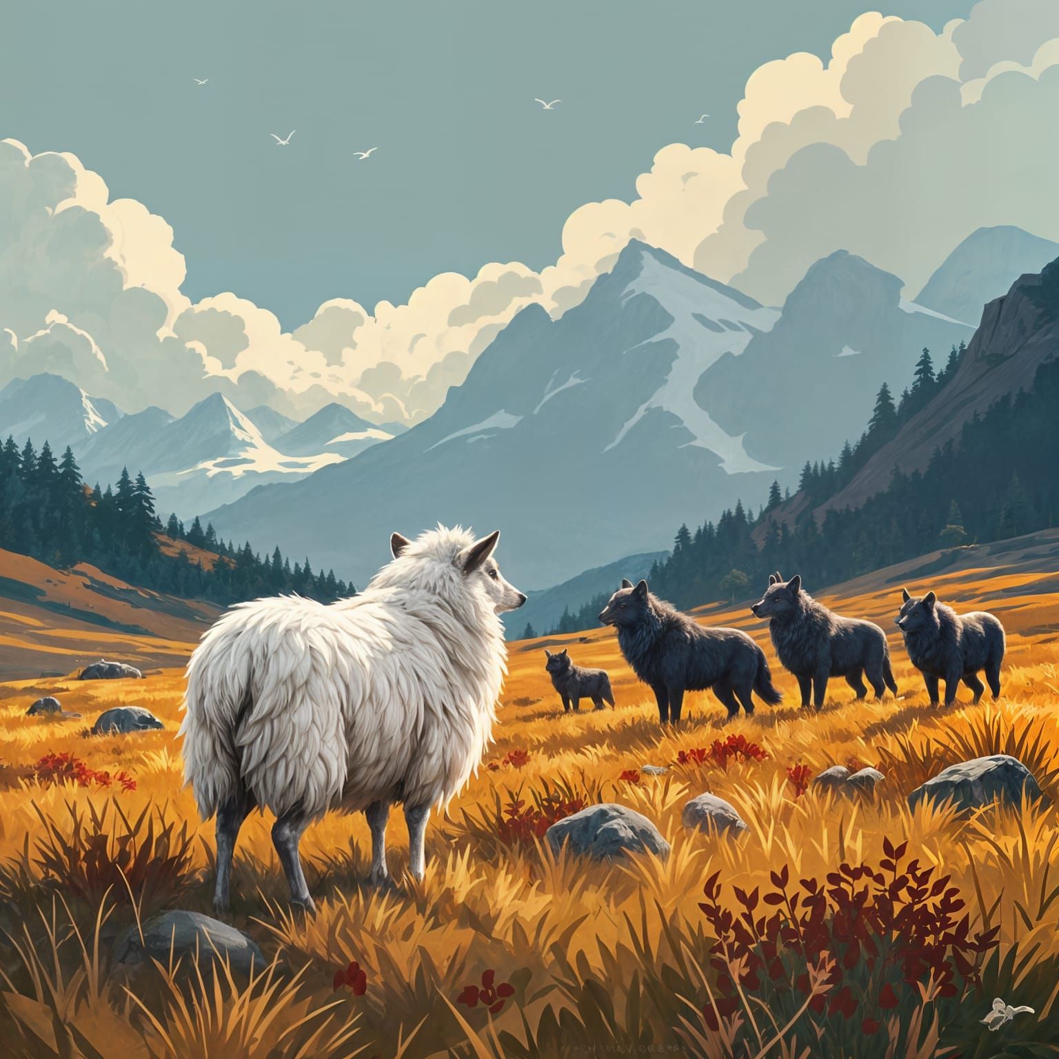 Sheep-like Creature Leaving Wolves in Digital Art Style