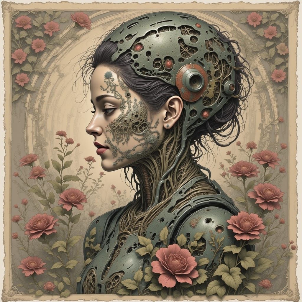 Cyborg Woman with Rose, H.R. Giger Style
