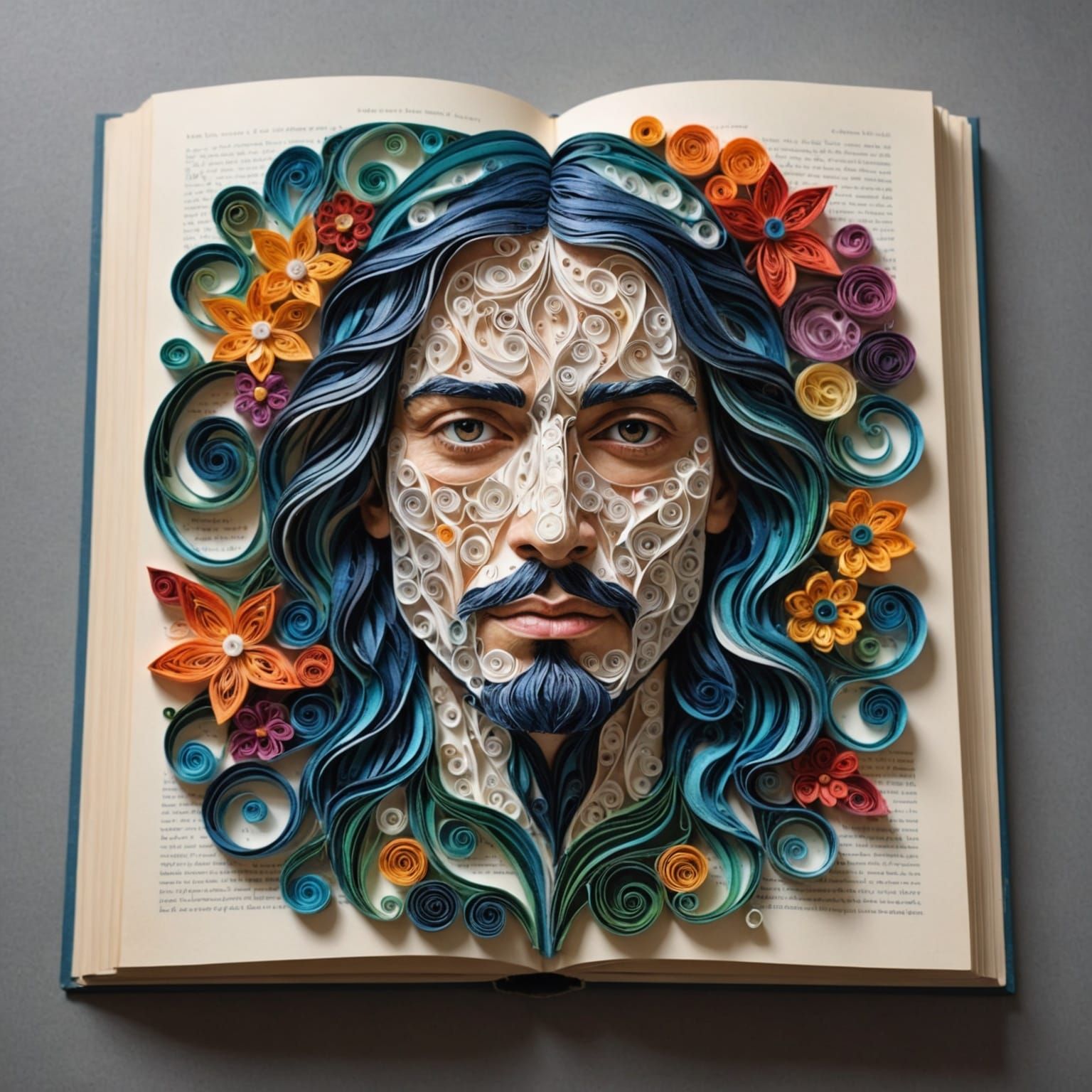 Surreal Book Page Portrait in Watercolor Quilling Style