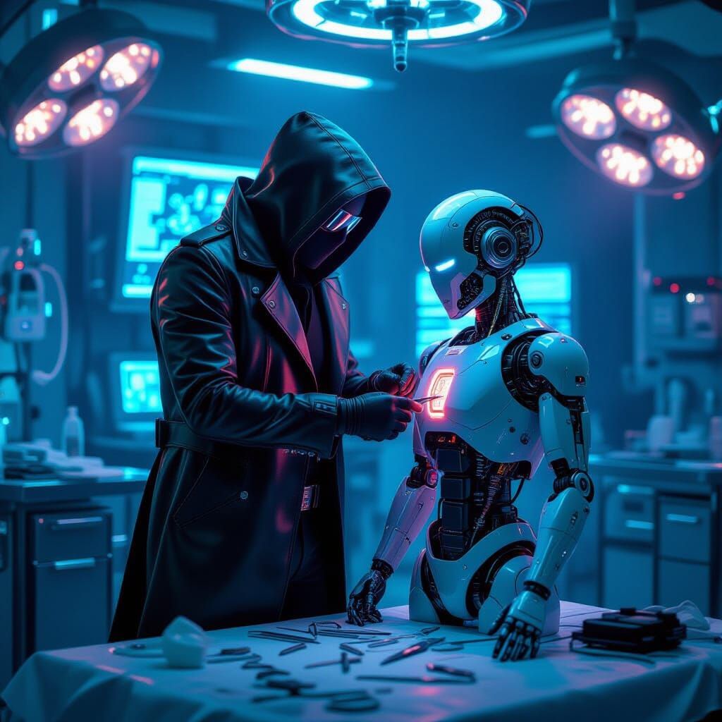 Cyberpunk Surgeon Repairs Android in Neon Surgical Suite