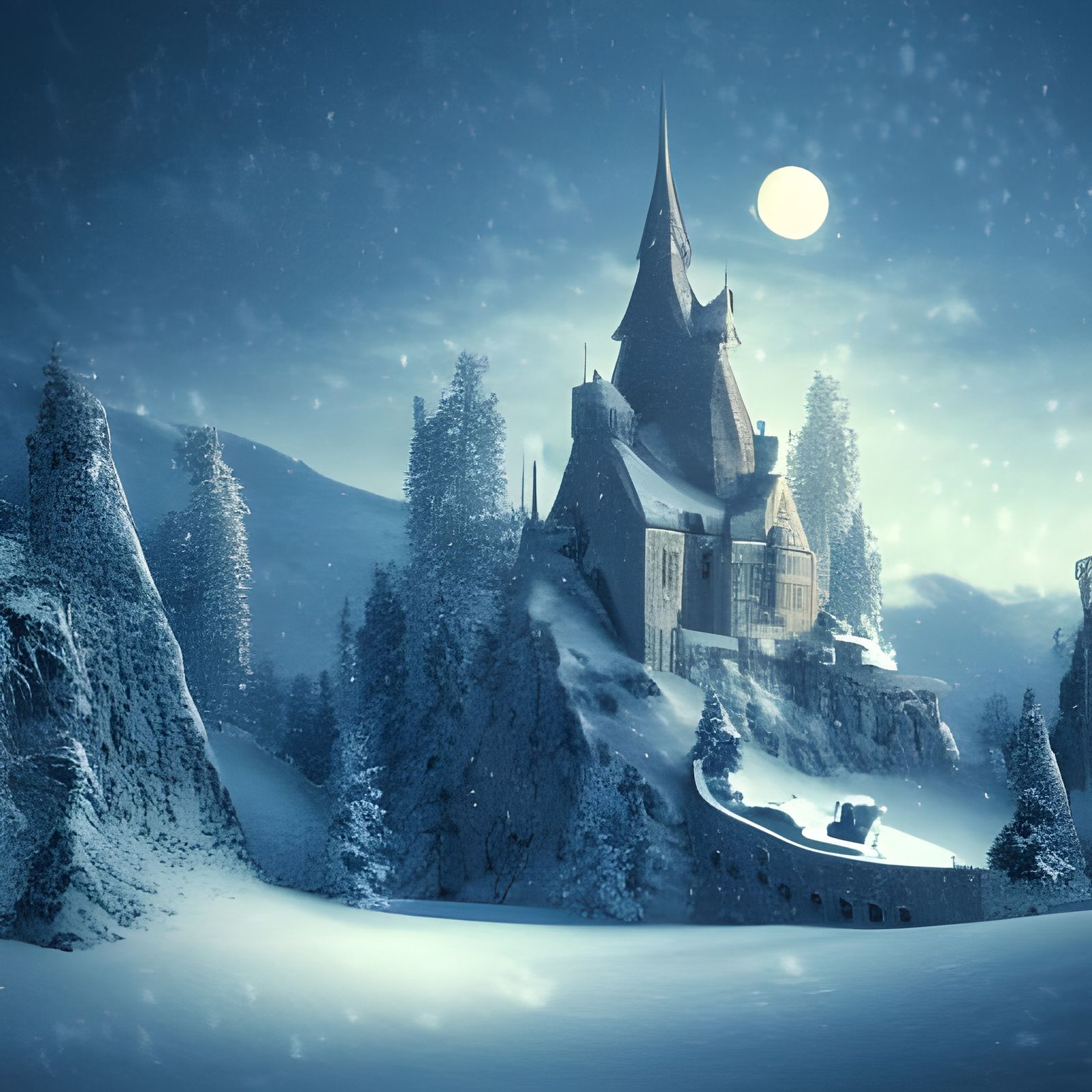Snowy Nordic Castle Under Moonlight: 8K Art