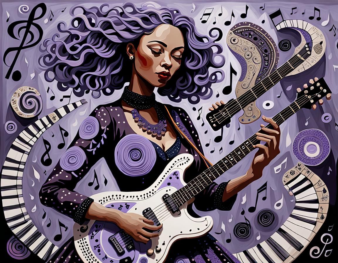 Whimsical Guitar Girl in Lavender and Black