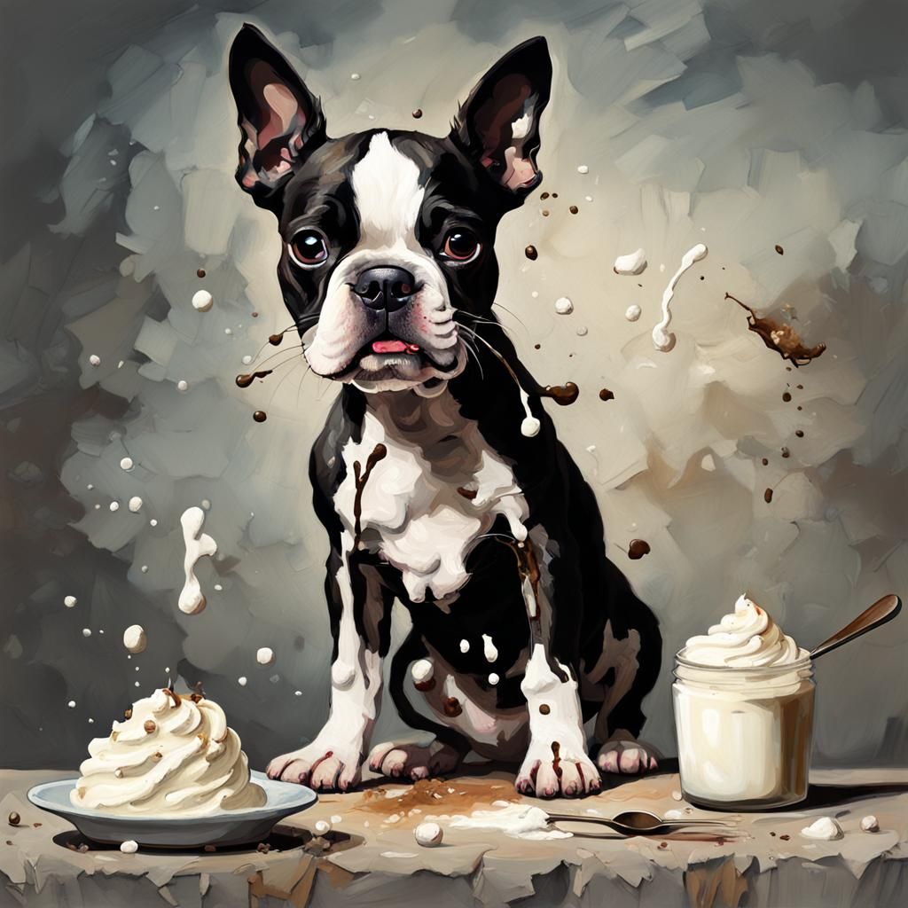 Minimalist Boston Terrier Puppy with Whipped Cream