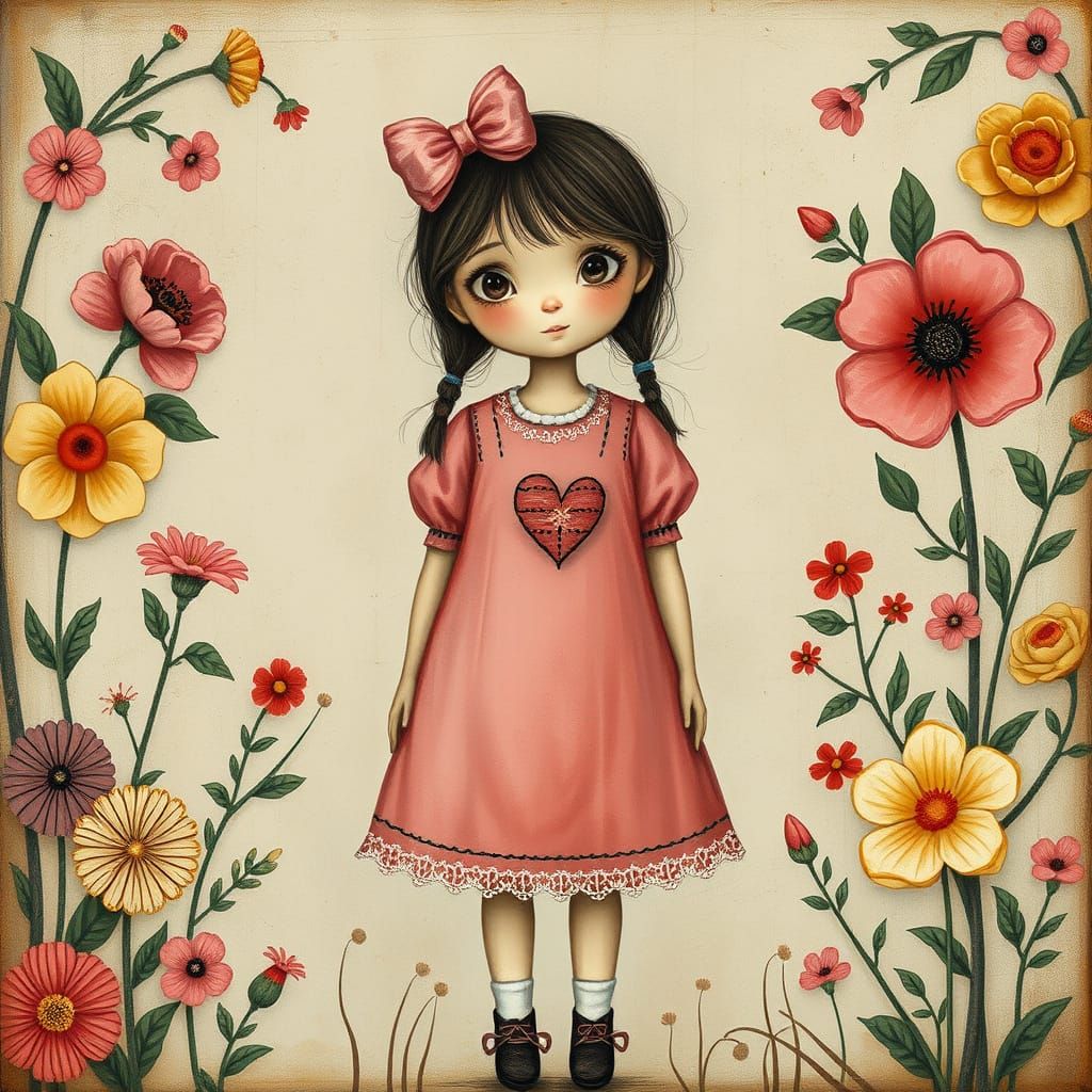 Fairytale Girl in Rustic Pink Dress with Heart Patch
