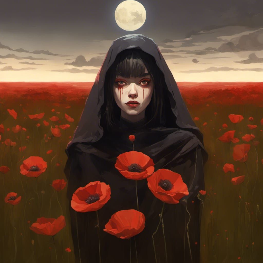 Blood Moon Lit Poppies Under a Dark Sky