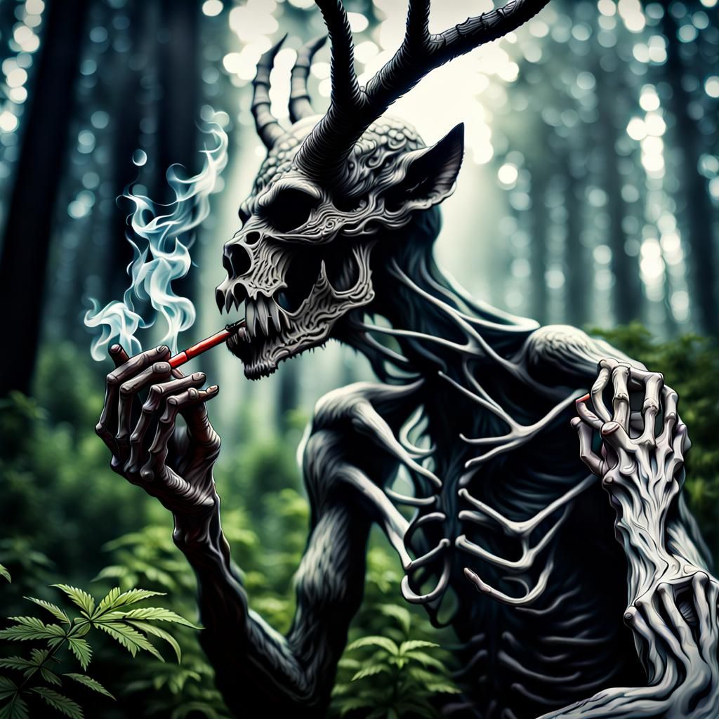 Horrifying Wendigo Smoking Weed in Hyperrealistic Style