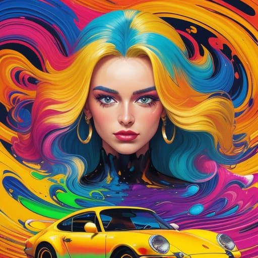Vibrant Oil Painting of Blonde Woman Next to Porsche