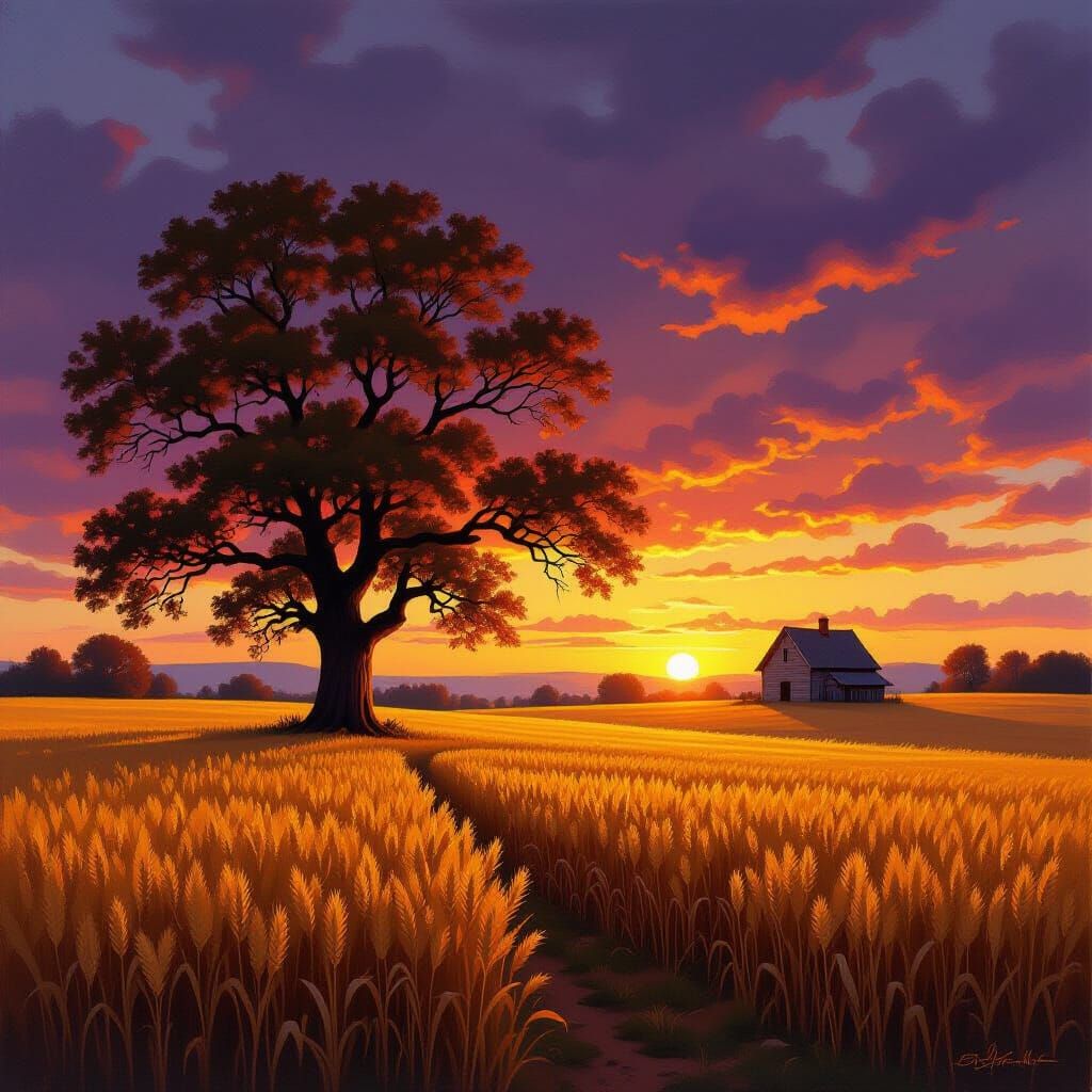Ancient Oak Tree in Golden Wheat Field at Sunset