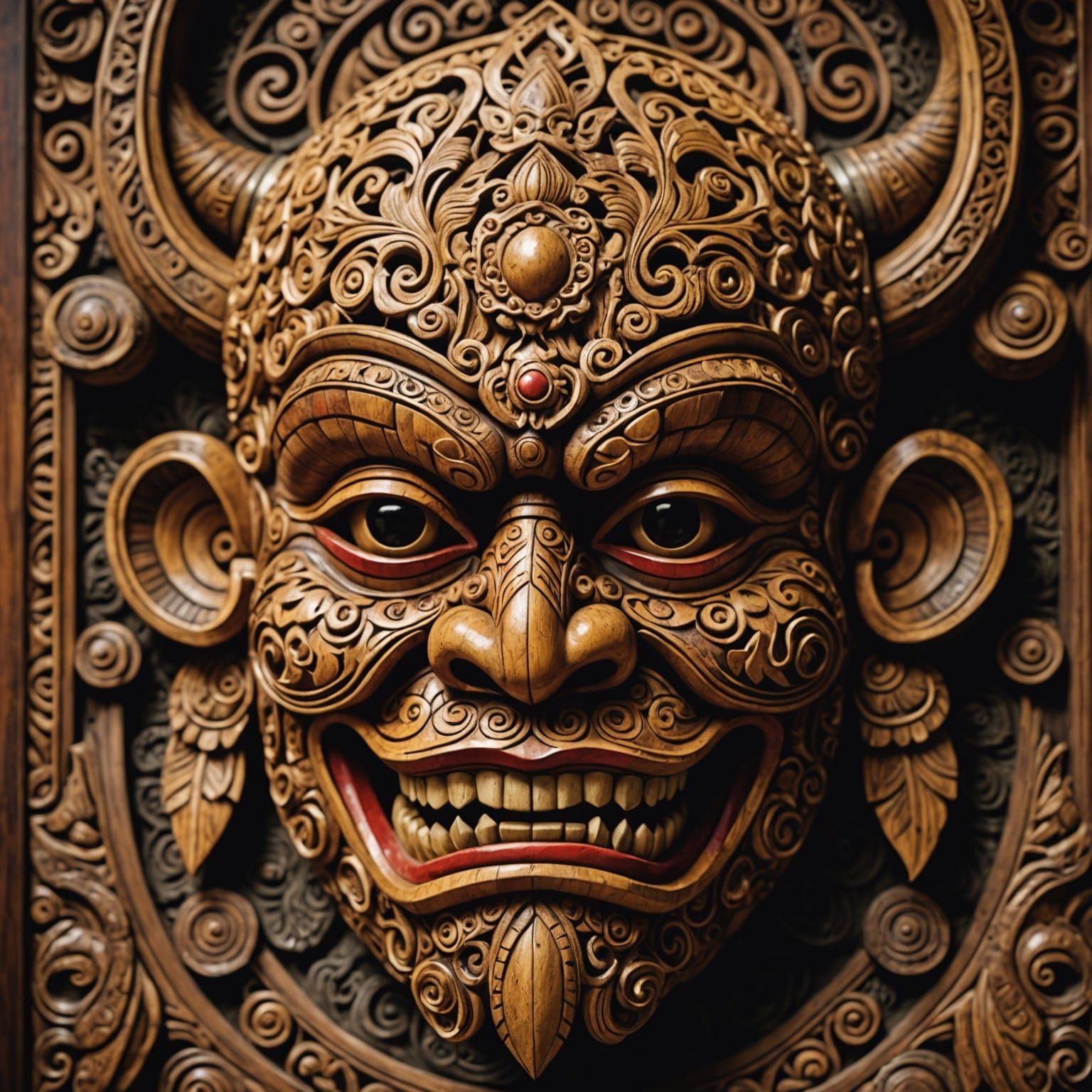 Hyperrealistic Indonesian Barong Mask Wood Carving
