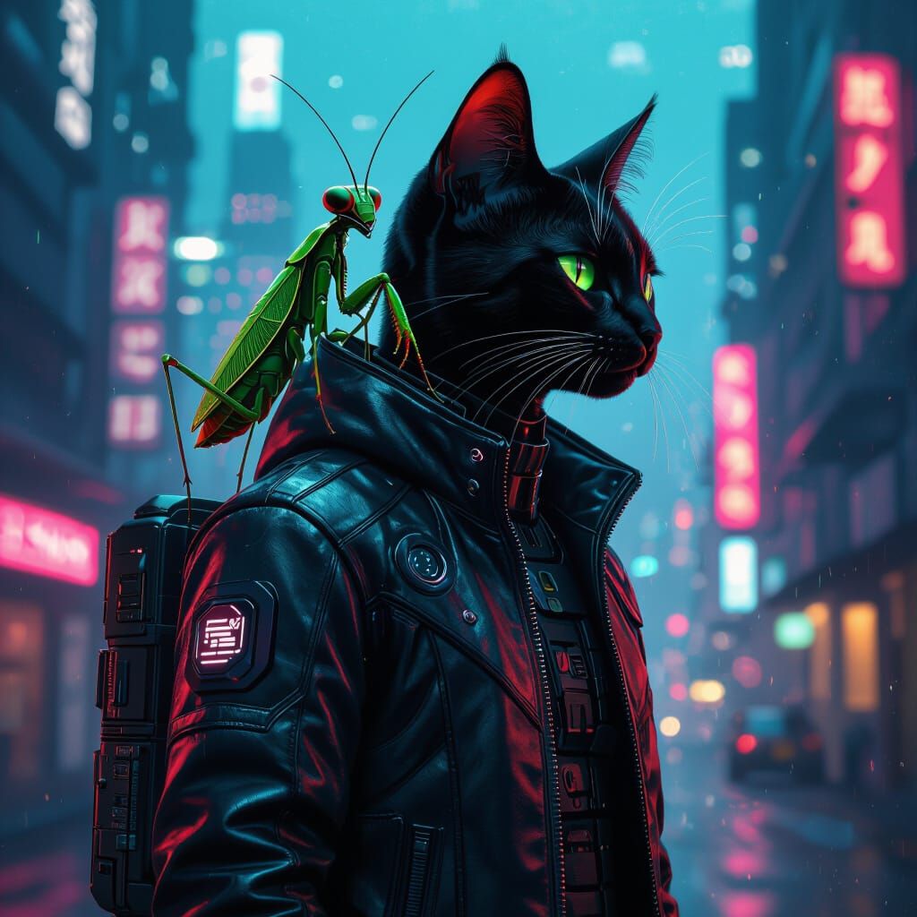 Cybernetic Black Cat and Praying Mantis in Cyberpunk Style