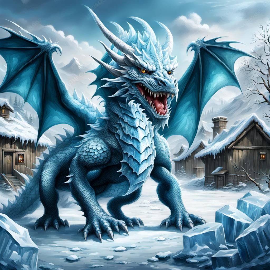 Fearsome Ice Dragon Threatens Village: Hyper Detail
