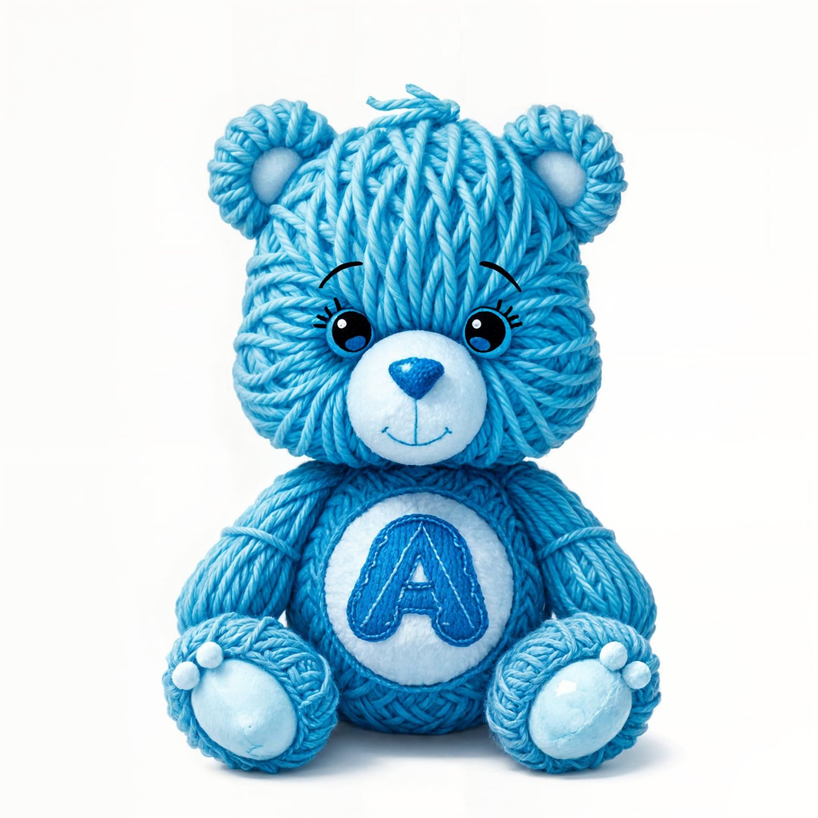 Knitted Blue Care Bear Made of Yarn