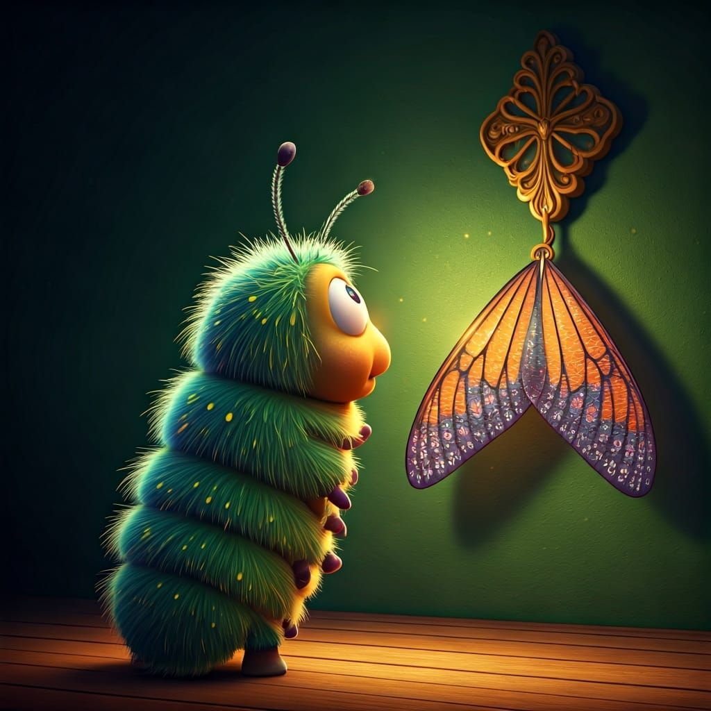 Excited Caterpillar Admires New Wings in Digital Animation