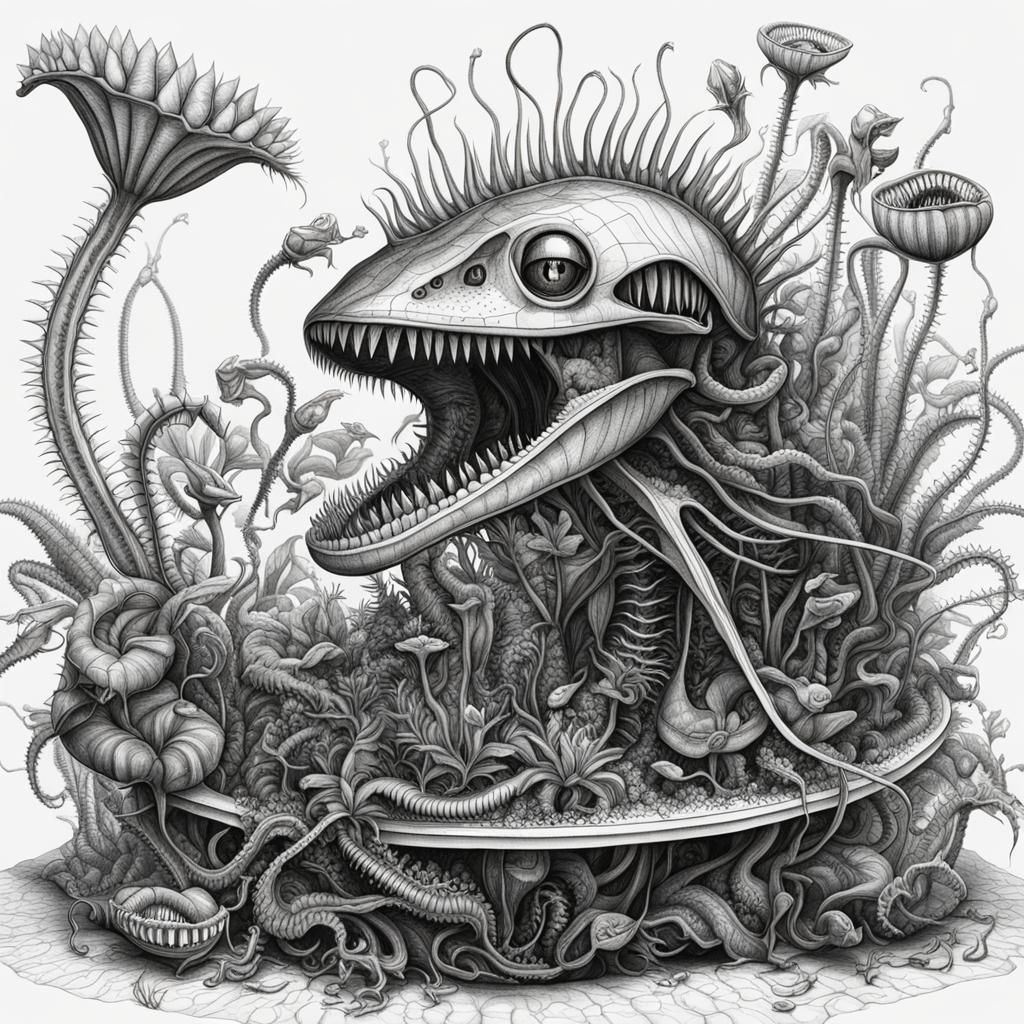 Sci-Fi Biomechanical Venus Flytrap Technical Drawing