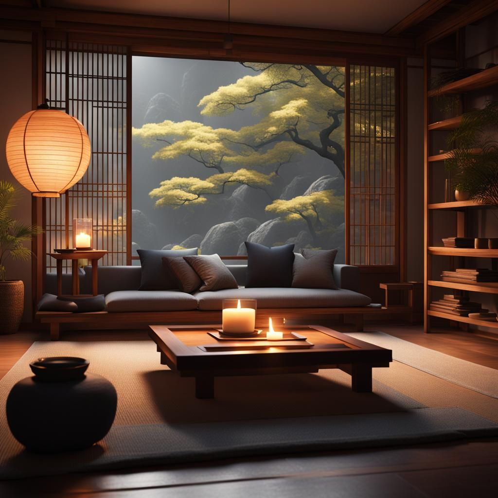 Zen Living Room with Candlelight, Matte Painting