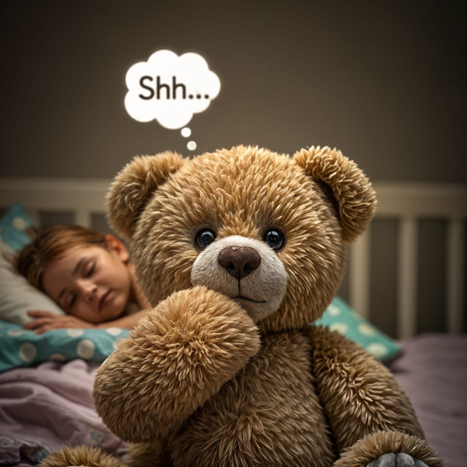 Teddy Bear Asks for Silence in Moonlit Nursery