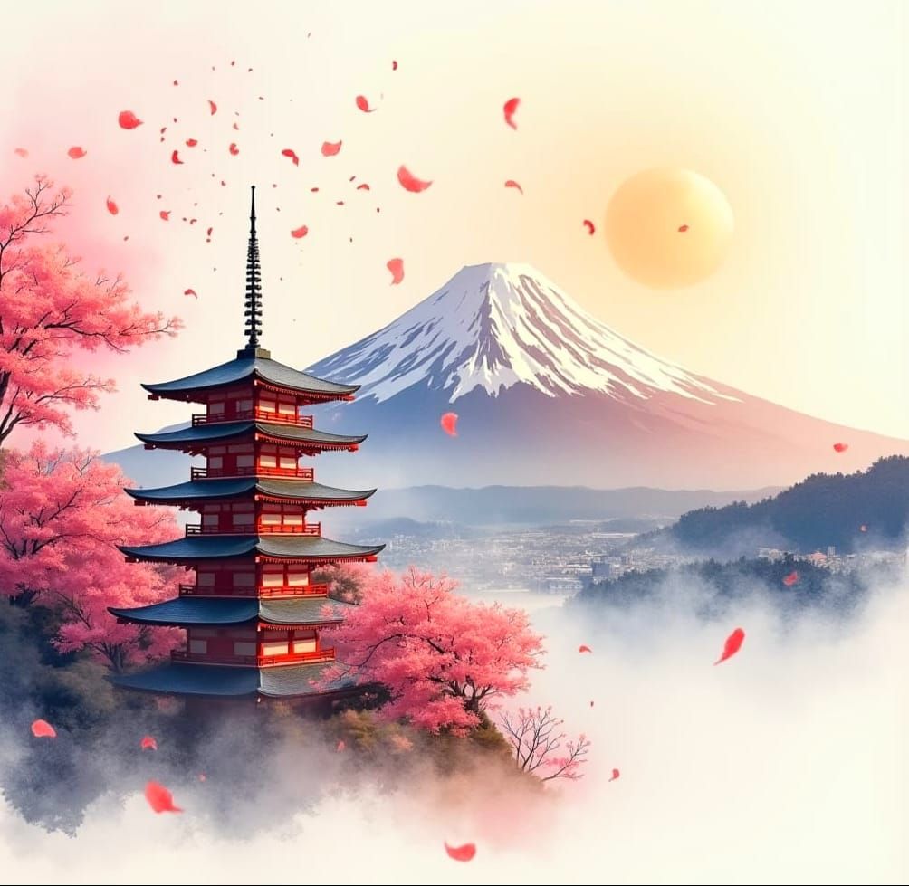 Mt Fuji in Serene Watercolour