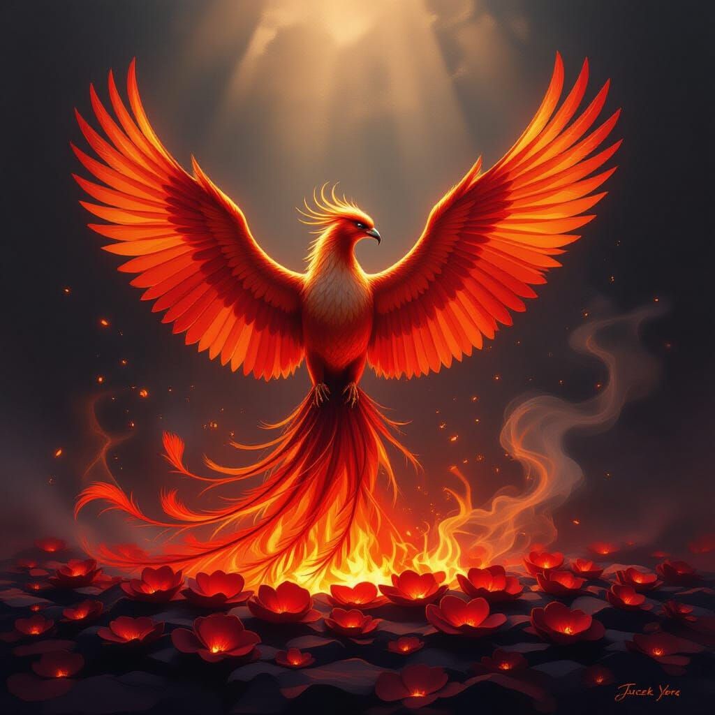 Phoenix Rising from Ember Flowers in Surrealist Oil Painting...