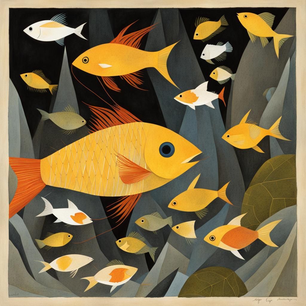 Fish Spelunking Storybook Illustration with Golden Ratio