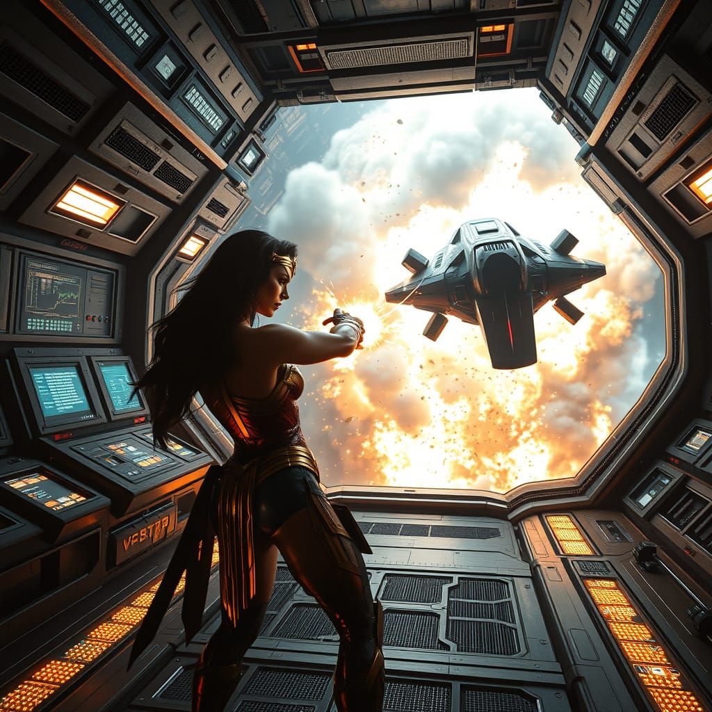 Wonder Woman Plants Charges in Futuristic Space Station