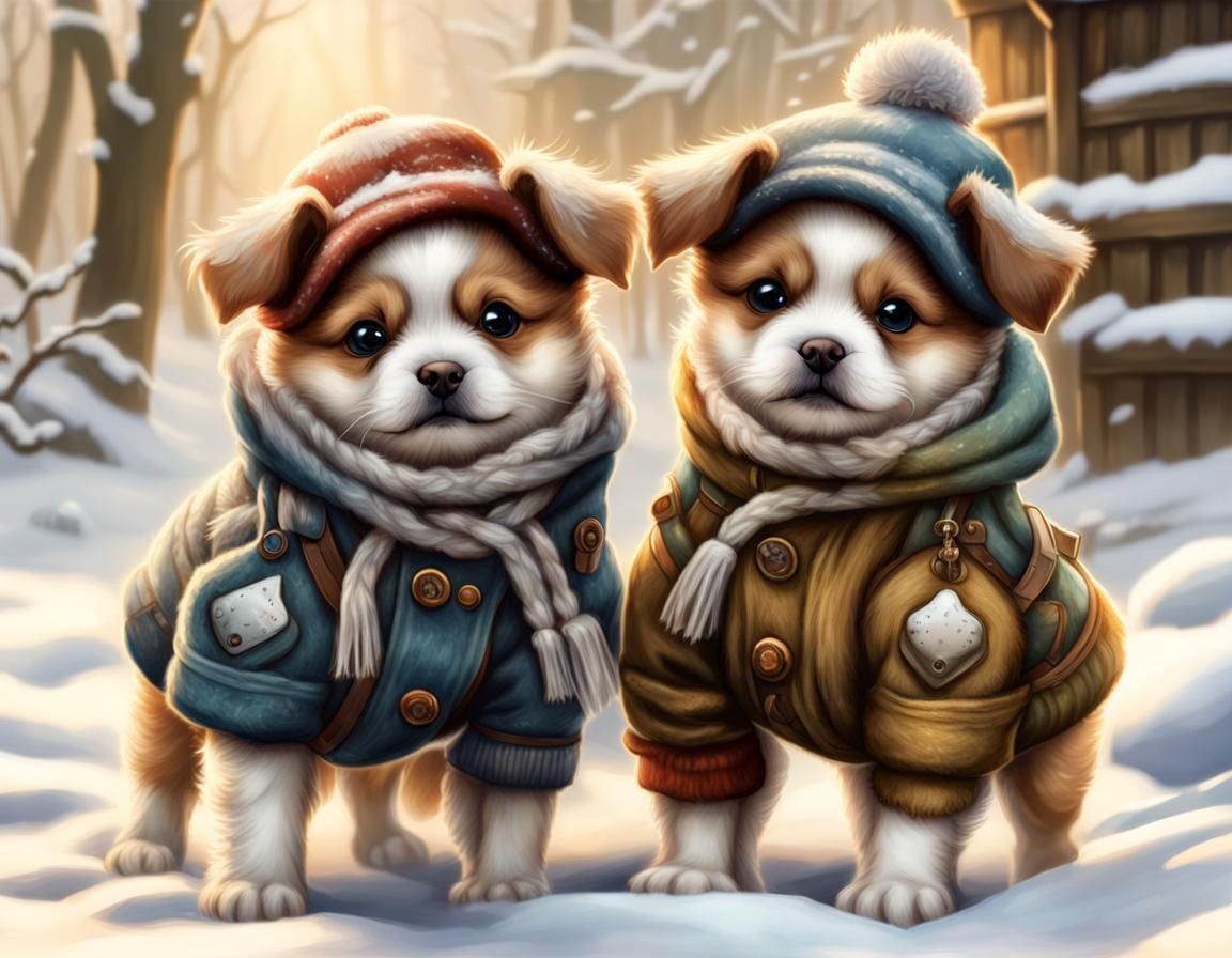 a couple of cute puppies dressed in winter clothing