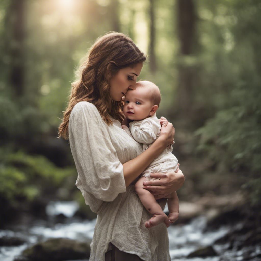 Mother and Child Embrace by Forest Stream