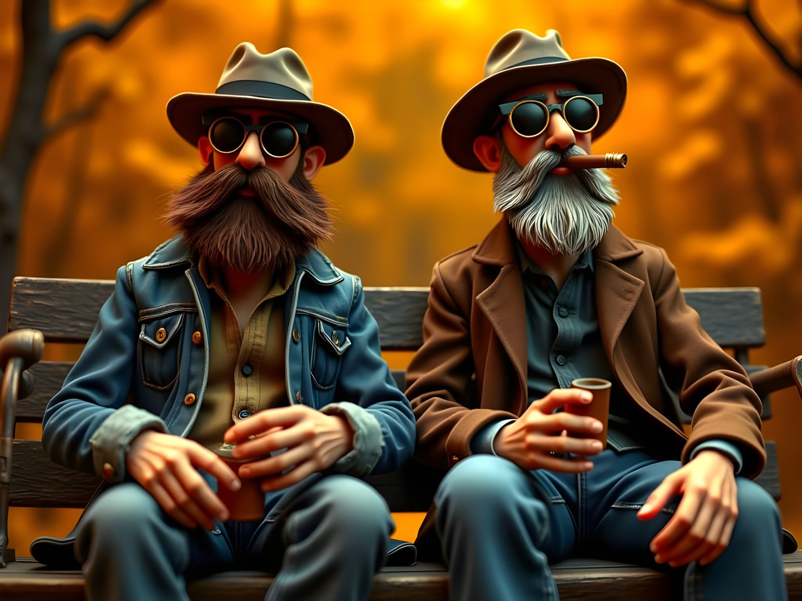 Claymation Men Smoking Cigars on Wooden Bench