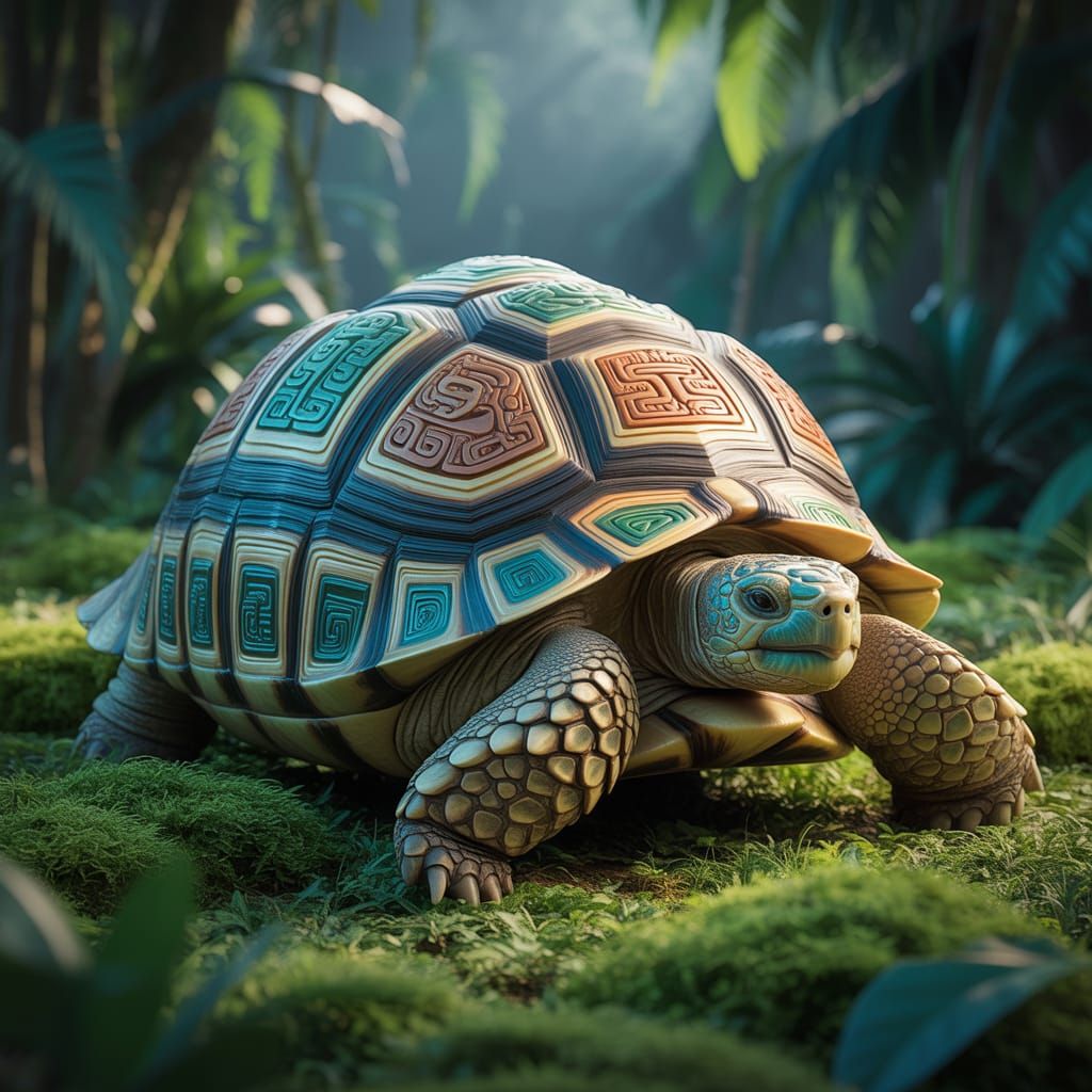 Mayan Tortoise in Jungle Sunlight: Digital Illustration