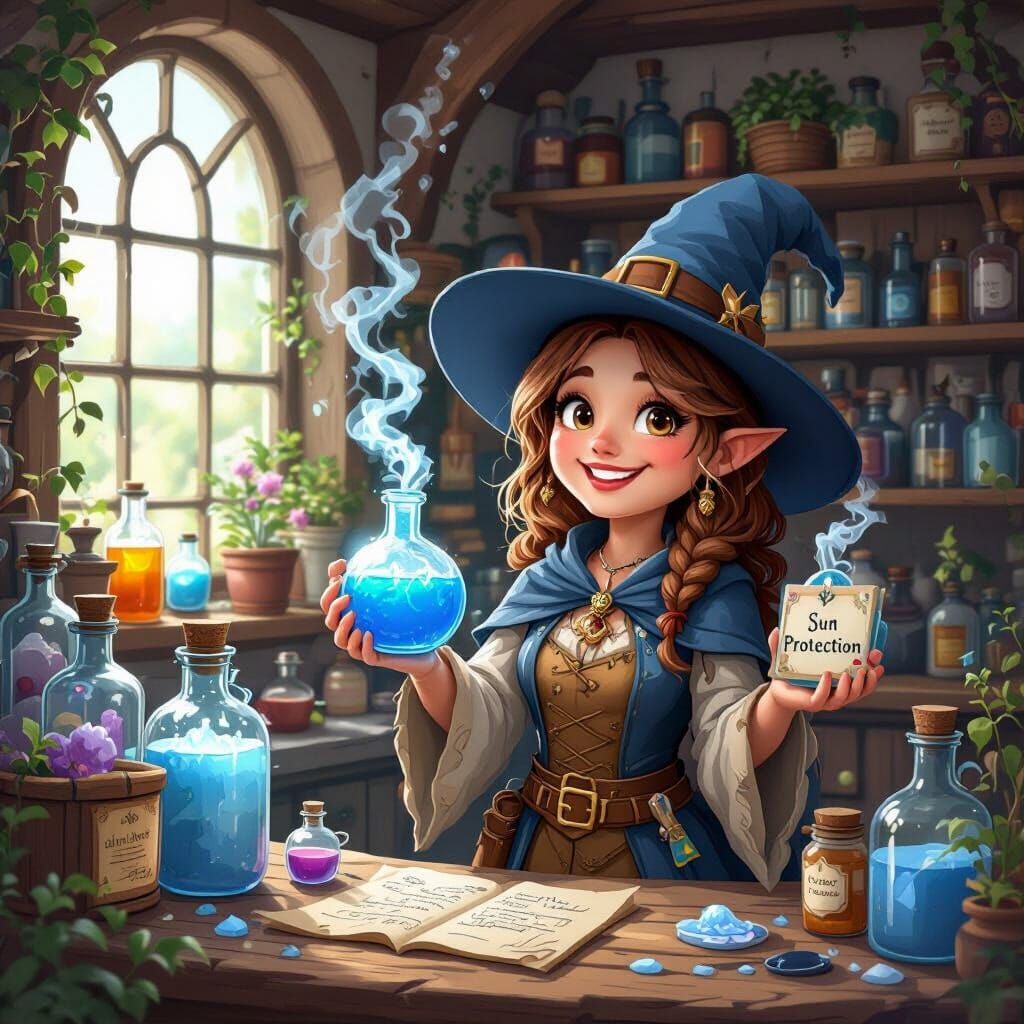 Cute Witch Holds Icy Sun Protection Potion