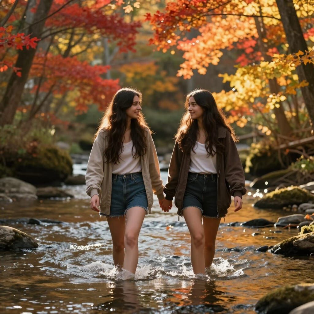 Autumn River Walk: Two Women Hand-in-Hand in Golden Light