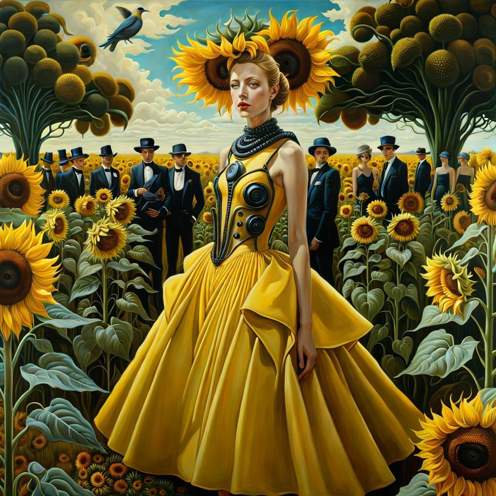 Surreal Fashion Show Among Sunflowers in Oil Painting