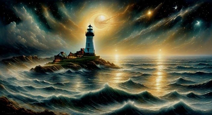 Surreal Moonlit Seaside Scene with Lighthouse in Oil and Sfu...