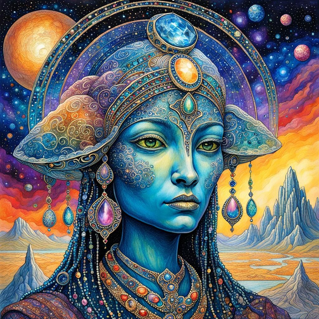 Bejeweled Galactic Oasis: Alien Judge in Art Nouveau Style